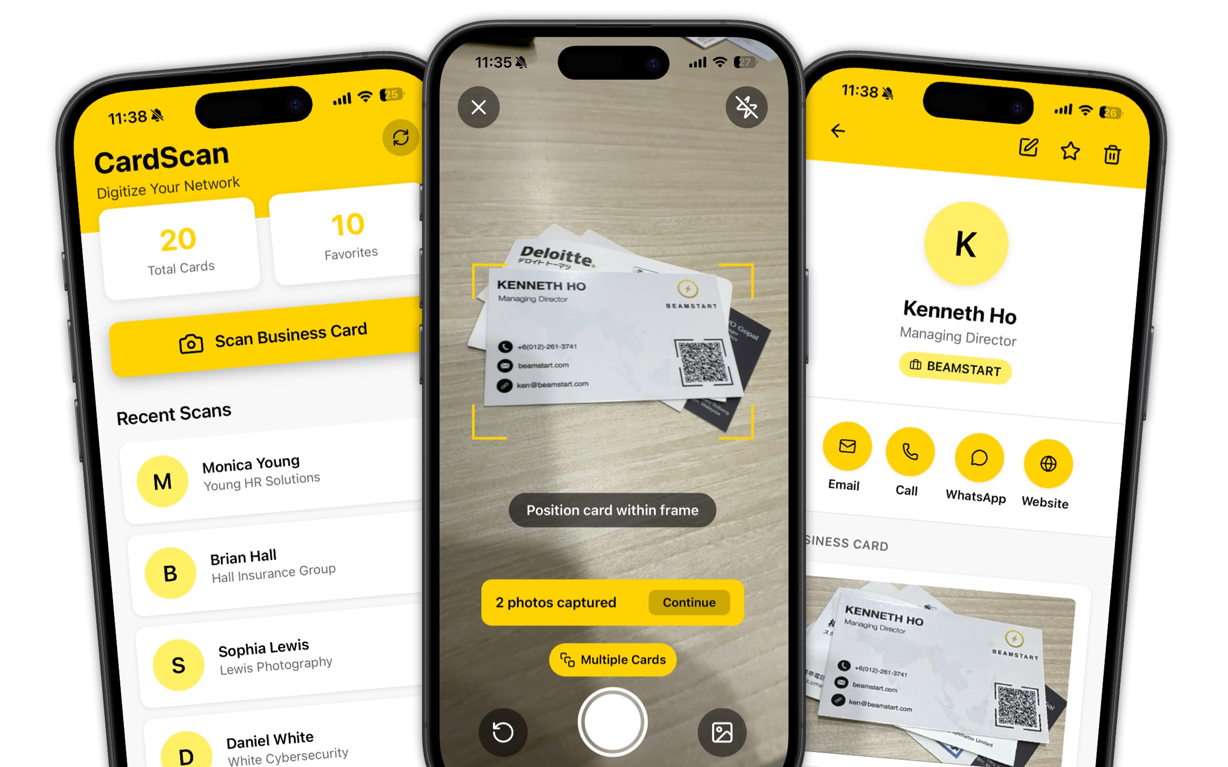 CardScan app shown on three phones: home screen, camera scanning a card, and a saved contact