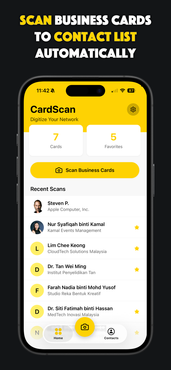CardScan home screen with recent scans